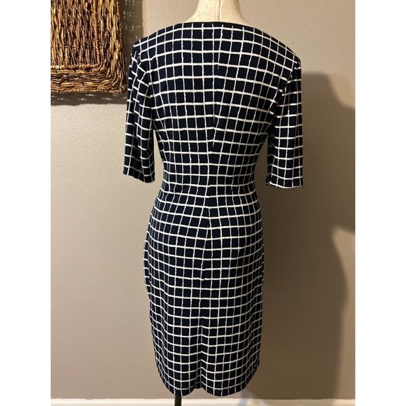 Connected Dress 8 Navy Blue Ivory Check Short Sleeve Stretch Sheath Washable - Picture 4 of 7